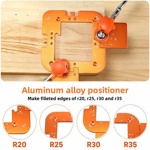 Rock Solid Aluminum Router Corner Radius Template With Bolt Down Fixing Clamp For Dead On Precise Woodworking Cut Lines R20 R25 R30 R35 close-up of positioner with sizes visible