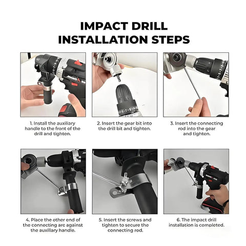 Heavy Duty Titanium Drill Nibbler Attachment For Sheet Metal Cutting installation steps showing gear insertion and tightening.