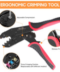 All In One Wire Crimping Kit With 340 Heat Shrink Connectors For Automotive, Marine And Electrical Repairs, Adjustable 3 In 1 Wire Stripper And Crimper Tool In A Portable Case, Ideal For DIY Auto Wiring And Boat Projects showing ergonomic crimping tool features.