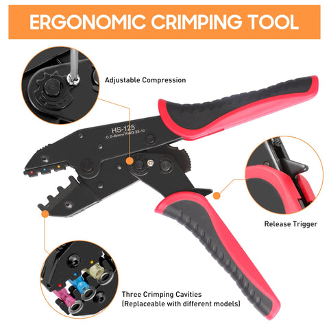 All In One Wire Crimping Kit With 340 Heat Shrink Connectors For Automotive, Marine And Electrical Repairs, Adjustable 3 In 1 Wire Stripper And Crimper Tool In A Portable Case, Ideal For DIY Auto Wiring And Boat Projects showing ergonomic crimping tool features.