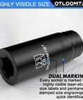 Heavy Duty 32 Piece One Half Inch Drive Impact Socket Set With Deep Sockets Metric And SAE With Extension Bar Cr V Steel Rust Resistant Coating Pro Grade Tough Build And Premium Storage Case close-up of a socket