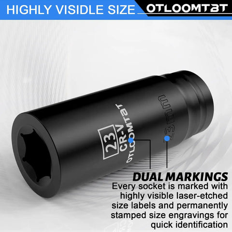 Heavy Duty 32 Piece One Half Inch Drive Impact Socket Set With Deep Sockets Metric And SAE With Extension Bar Cr V Steel Rust Resistant Coating Pro Grade Tough Build And Premium Storage Case close-up of a socket