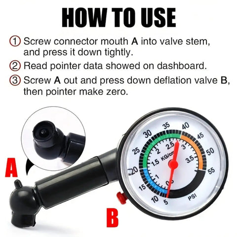 High Precision Mechanical Tire Pressure Gauge For Car And Motorcycle With Analog Dial No Fuss Portable Air Pressure Tool For Safe Driving And Peak Tire Life Daily black analog gauge with PSI dial