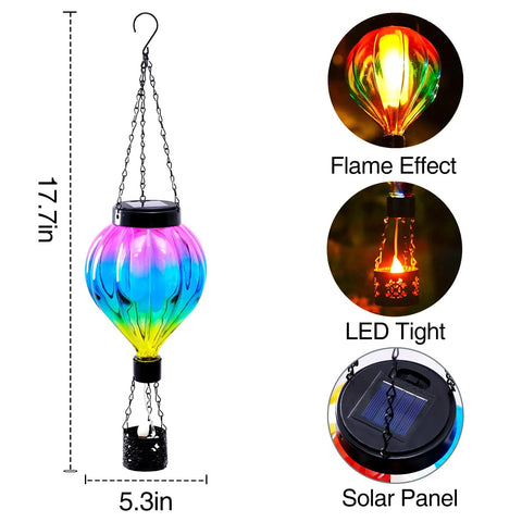 Dope Solar Hot Air Balloon Lantern with flickering flame and 18-inch glass and metal design, LED light, and solar panel
