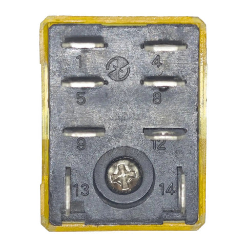 Bottom view of Heavy Duty DPDT Power Relay 110 120V AC 10 Amp Plug In Coil With Blade Terminals showing blade terminal layout.