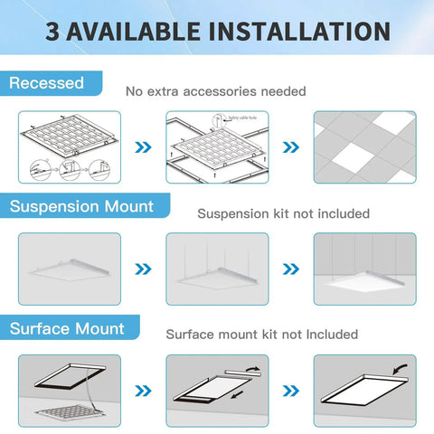 Diagram showing installation methods for 24 Pack 2x4 LED Flat Panel Light For Drop Ceiling With 0-10V Dimmable And Selectable 3500K/4000K/5000K, 30W/40W/50W, High Lumen Office And Warehouse Fixture, 120-277V, UL DLC Listed
