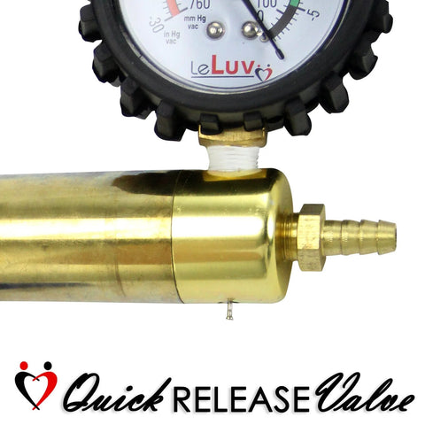 LeLuv Ultima vacuum pump with brass body and gauge; rubber-protected dial and barbed hose fitting