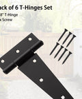 6 Pack 8 Inch T Strap Hinges Heavy Duty Shed Door Hinges with Screws, Black Tee Hinge for Wooden Fences and Gates Display