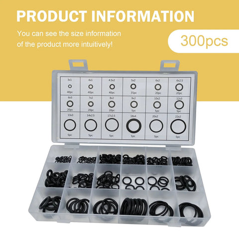 Front view of O-ring kit in a clear plastic organizer; 300-piece nitrile rubber rings in 18 sizes.