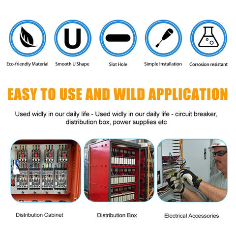 Illustration of DIN rails with icons of features and application examples including distribution cabinet, box, and electrical accessories.