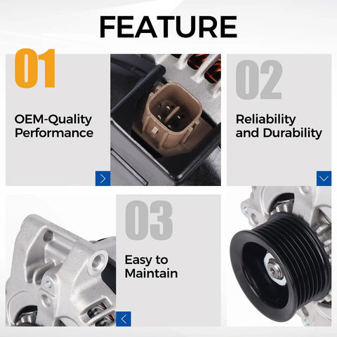 Alternator 105 Amp 12 Volt With CW 7 Groove Pulley Direct Fit Replacement features in image showing performance and durability