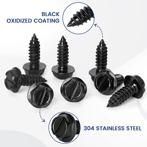 8 Pack License Plate Screws Set Stainless Steel Rustproof Bolts With Slotted Hex Heads For Cars Includes Screwdriver And Durable License Plate Fasteners For Secure Mounting On Most Vehicles shown with black coating.