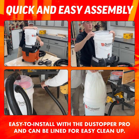 Dustopper 5 Gallon Heavy Duty Bucket For Shop Vac Systems installed on a wet dry vacuum for easy assembly and cleanup.