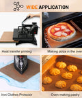 Wide application collage showing Nonstick Teflon Sheets For Heat Press 12 Inch By 8 Foot PTFE Roll in various uses like baking and ironing.