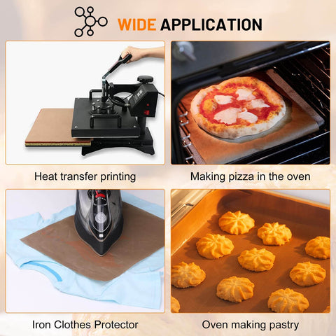 Wide application collage showing Nonstick Teflon Sheets For Heat Press 12 Inch By 8 Foot PTFE Roll in various uses like baking and ironing.