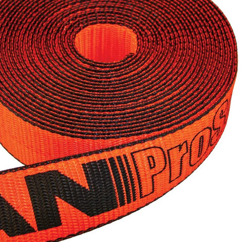 Close-up of ProSeries Beefy Heavy Duty Ratchet Straps With Flat Hooks 2 Inch Wide By 27 Foot, optic orange webbing roll.