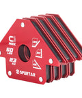 Front view of red Spurtar welding magnets, 4-piece set, 50 lb capacity, with 45°, 90°, 135° angle indicators