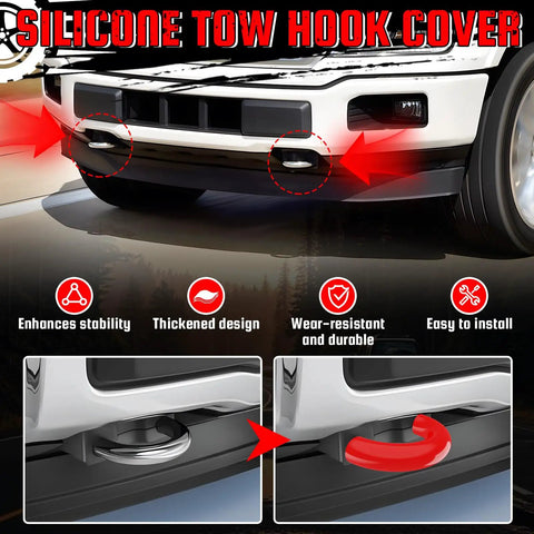 Close-up of Ford Tow Hook Covers 2-Pack for F150 2004-2025 on a truck bumper, showing red durable ABS plastic cover installation.