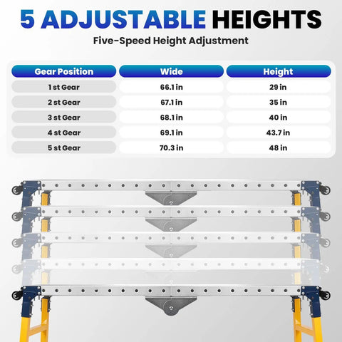 Heavy Duty Portable Steel Welding Table With 4 Smooth Rolling Casters And 4000 Lbs Weight Foldable Workbench showing adjustable heights and gear positions.
