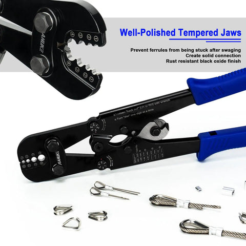 Wire Rope Crimping Tool Kit For Fishing And Rigging, Pro Grade Heavy Duty Crimper And Cutter, display with various components