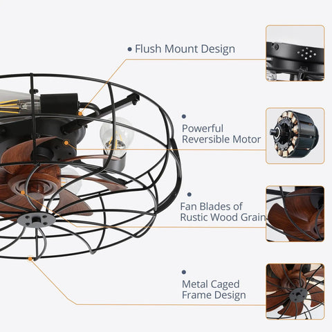 Diagram of the Enclosed 20 Inch Bladeless Ceiling Fan With Light And Remote, Flush Mount Low Profile Industrial Farmhouse Style, highlighting features.