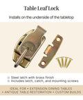 Rock Solid Brass Table Leaf Locks Pack Of Two Heavy Duty Extension Dining Latches with brass latch, catch, and screws for installation.