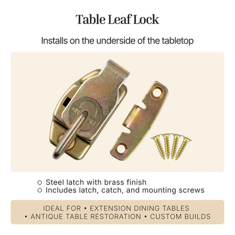Rock Solid Brass Table Leaf Locks Pack Of Two Heavy Duty Extension Dining Latches with brass latch, catch, and screws for installation.