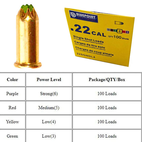 Low Velocity 0.22 Caliber Powder Loads for Dog Training Dummies, 150 Feet Range, 100 Count, shows cartridge and packaging.