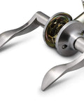 Passage Lever Door Handle Set for Hallways and Closets, Satin Nickel Finish, Non Locking, shown assembled, side view