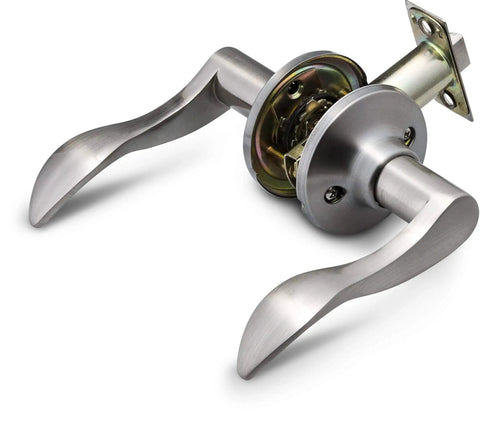 Passage Lever Door Handle Set for Hallways and Closets, Satin Nickel Finish, Non Locking, shown assembled, side view