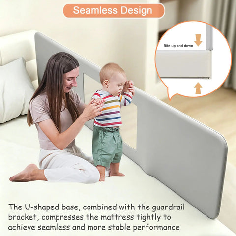 Portable Baby Bed Rail for Toddlers Foldable Travel Guard with 3 Lock Angles in U Shape shown with child support