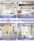 No Drill Curtain Rod For Windows 18 To 45 Inches Small Black Five Eighths Inch Adjustable Drapery Rod With Adhesive Brackets Renter Friendly Easy Install For Bedroom And Apartments shown in different scenarios.