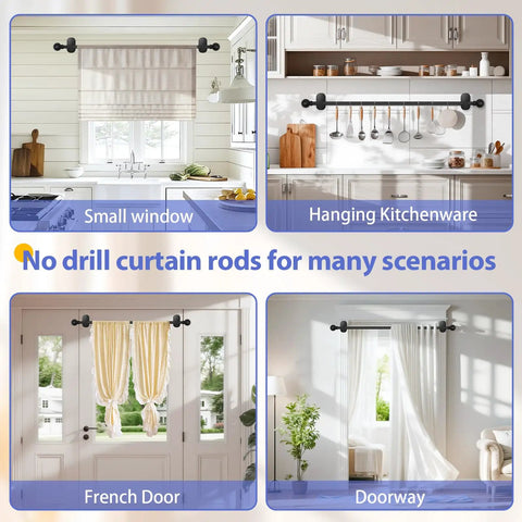 No Drill Curtain Rod For Windows 18 To 45 Inches Small Black Five Eighths Inch Adjustable Drapery Rod With Adhesive Brackets Renter Friendly Easy Install For Bedroom And Apartments shown in different scenarios.