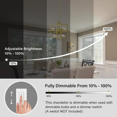 Black And Gold Dope Industrial 8 Light Geometric Pendant Chandelier showcasing dimmable feature in a dining room setting.