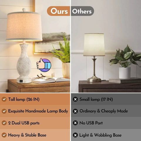 Comparison of two table lamps: Left is a 26-inch farmhouse style with USB ports; right is a smaller, simple design without USB.