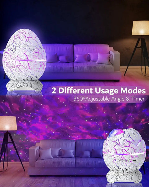 Dinosaur Eggs Galaxy Star Projector With Bluetooth Nebula LED Night Light illuminating a purple nebula effect in a living room.