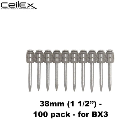 Heavy Duty Collated Concrete Nails 1-1/2 Inch 38mm for Cordless Nailer BX3 B3 MX 100 Nails Per Pack, 3mm Thick displayed in single row