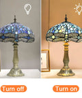 Blue Tiffany Style Dragonfly Stained Glass Table Lamp With Vintage Decor For Bedroom Living Room And Home Office LED Bulbs Included 12 By 12 By 18 Inches Handcrafted Glass Art Cozy Vibe lit and unlit