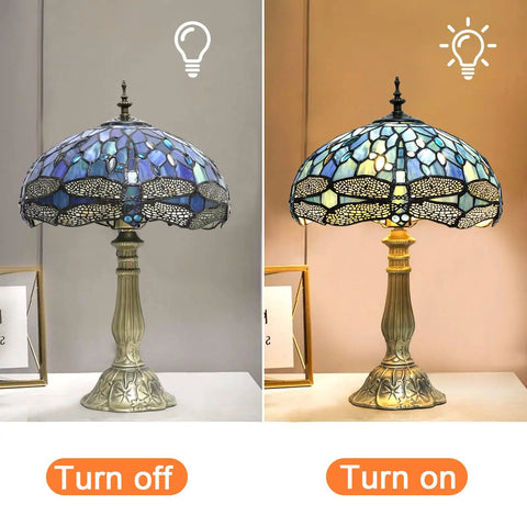 Blue Tiffany Style Dragonfly Stained Glass Table Lamp With Vintage Decor For Bedroom Living Room And Home Office LED Bulbs Included 12 By 12 By 18 Inches Handcrafted Glass Art Cozy Vibe lit and unlit