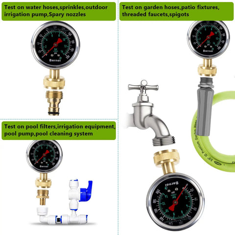 Liquid Filled Water Pressure Gauge Kit 0-200 Psi With 5 Piece Quick Connect Set, Standard Three Quarter Inch Female Garden Hose Thread, Home Use Gauge For Faucets And Hoses, Includes One Quarter Inch And One Half Inch Adapters, for garden hose testing