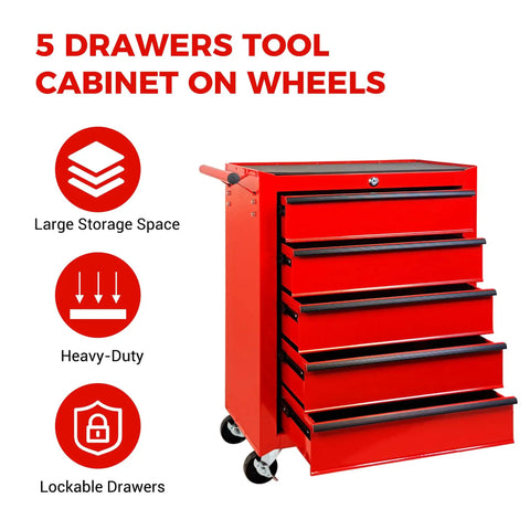Twenty Inch Five Drawer Rolling Steel Tool Chest With Slick Powder Coated Finish For Garage Shop Daily Grind Heavy Duty Mobile Storage Cabinet on wheels with lockable drawers.