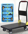 No Sweat Heavy Duty Foldable Flatbed Hand Cart With 880 Pound Load Capacity And 360 Degree Swivel Wheels Premium Steel Platform Trolley showing blue metal deck and swivel wheels.