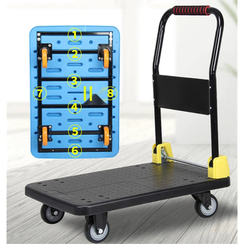 No Sweat Heavy Duty Foldable Flatbed Hand Cart With 880 Pound Load Capacity And 360 Degree Swivel Wheels Premium Steel Platform Trolley showing blue metal deck and swivel wheels.