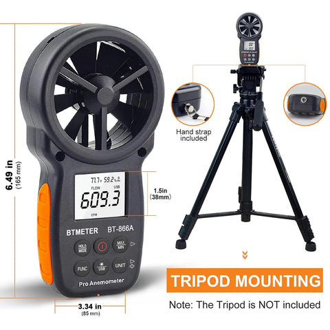 Pro Handheld HVAC Anemometer And CFM Flow Meter With Wet Bulb Temp Wind Speed Temperature Humidity Dew Point And Max Min Readouts For Smooth Boss Level HVAC Balancing And Quick Computer Sync, black plastic with tripod mount