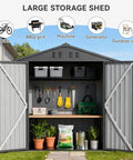 Metal Garden Shed 6x4 Outdoor Storage With Lockable Doors, Adjustable Shelves, And Ventilation shown with open doors and tools