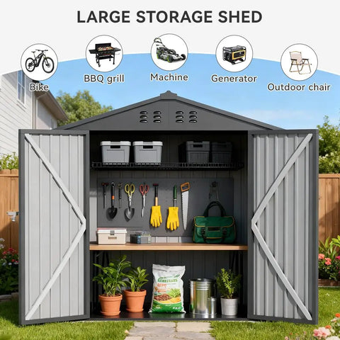 Metal Garden Shed 6x4 Outdoor Storage With Lockable Doors, Adjustable Shelves, And Ventilation shown with open doors and tools