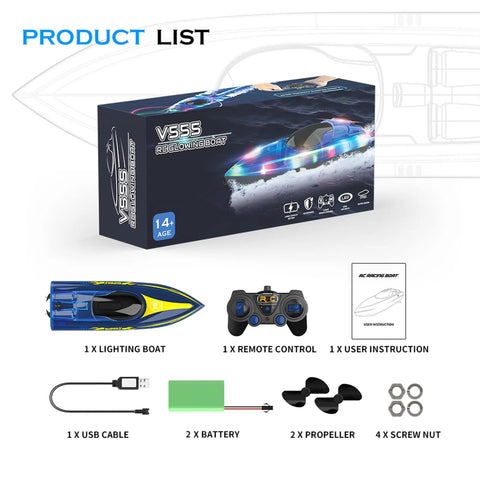 Packaging and contents of LED RC Boat With Night Light Remote Control Boat For Pools And Lakes 2.4GHz RC Speed Boat