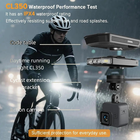 Cyclist using Street Ready Front Bike Light With Garmin Mount For Day And Night Rides in rain, demonstrating IPX4 waterproof feature.