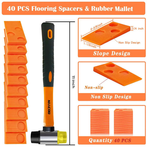 Beefy Pro Grade 4 In 1 Laminate And Vinyl Flooring Installation Kit showing 40 spacers and rubber mallet with non-slip design.