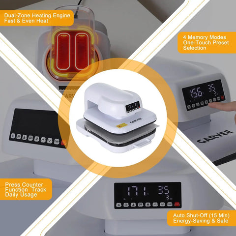 EcoSummer Automatic Electric Heat Press Machine With Digital Control Panel For Custom T Shirt Printing Portable Heat Transfer Design Tool Easy Use Precision Temperature And Time Settings with LCD panel and heating elements.